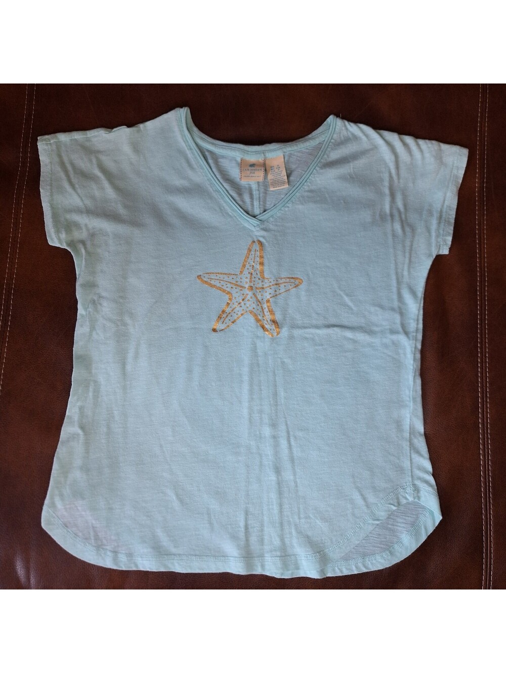 Caribbean Joe Women's Light Blue Starfish Print V-Neck T-Shirt Size Small